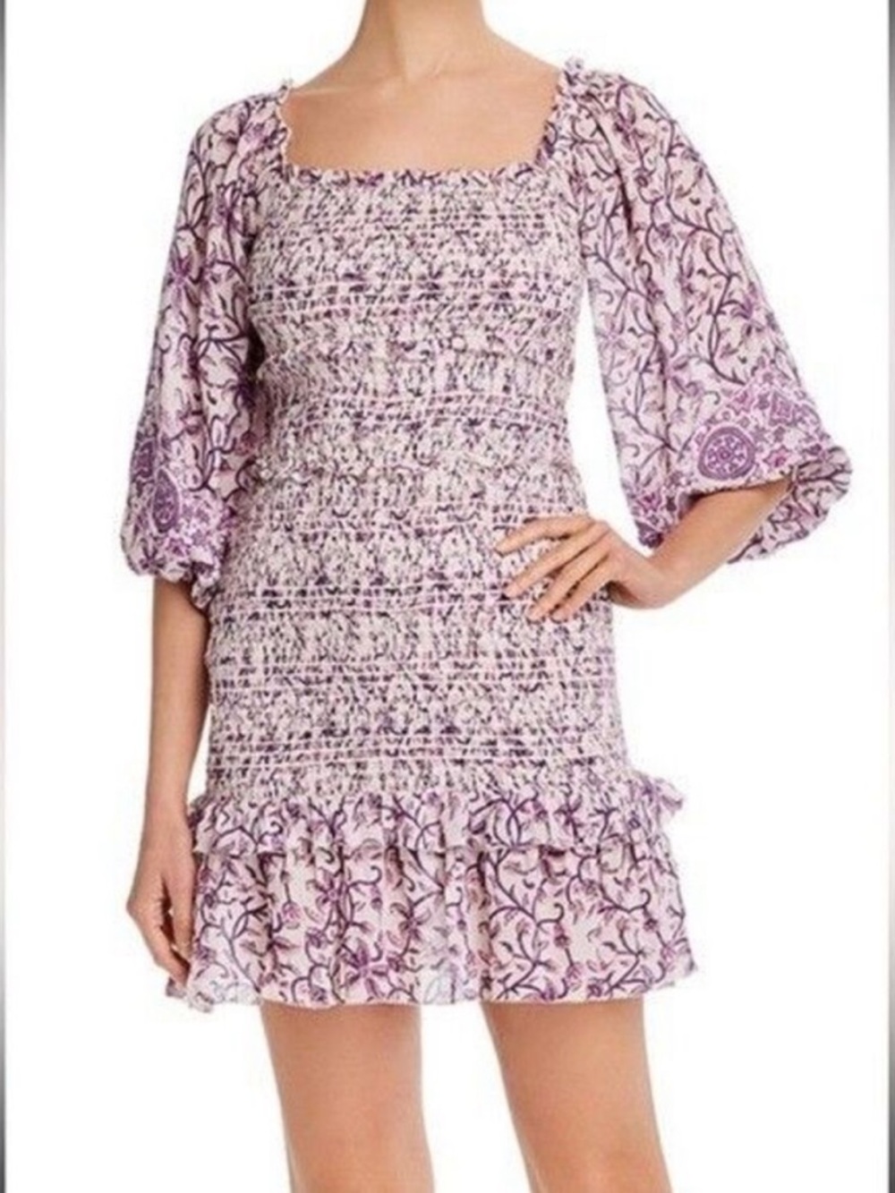 Saylor Anthropologie Wynnie Mini Dress Floral Ruffle Smocked in Lavendar XS